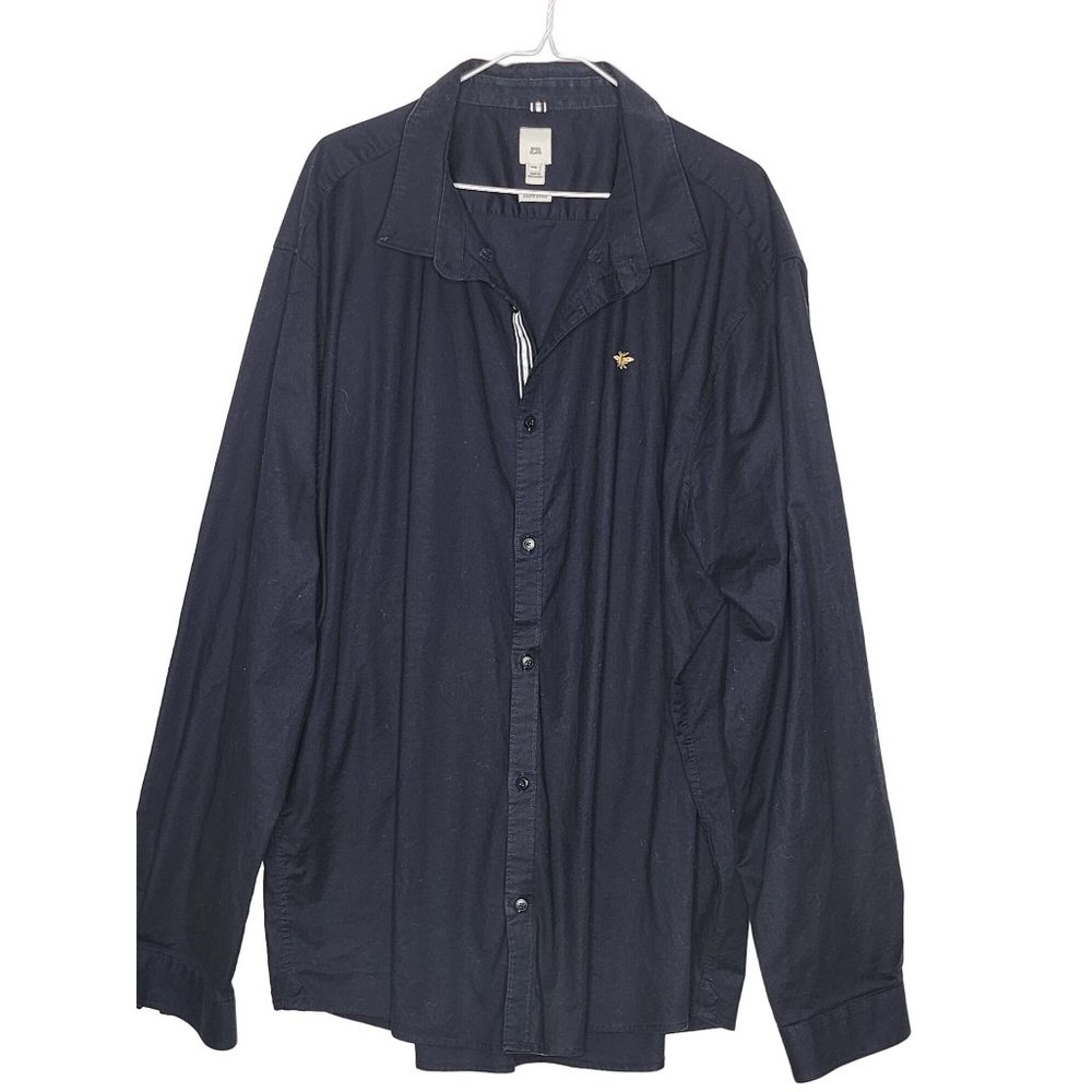 River Island Shirt Men’s 4XL Stretch Oxford Dark Navy Blue Long Sleeve Button Up